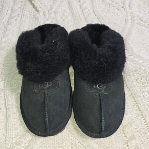UGG Coquette Slippers Mules Black‎ Suede Shearling Women 7 Excellent